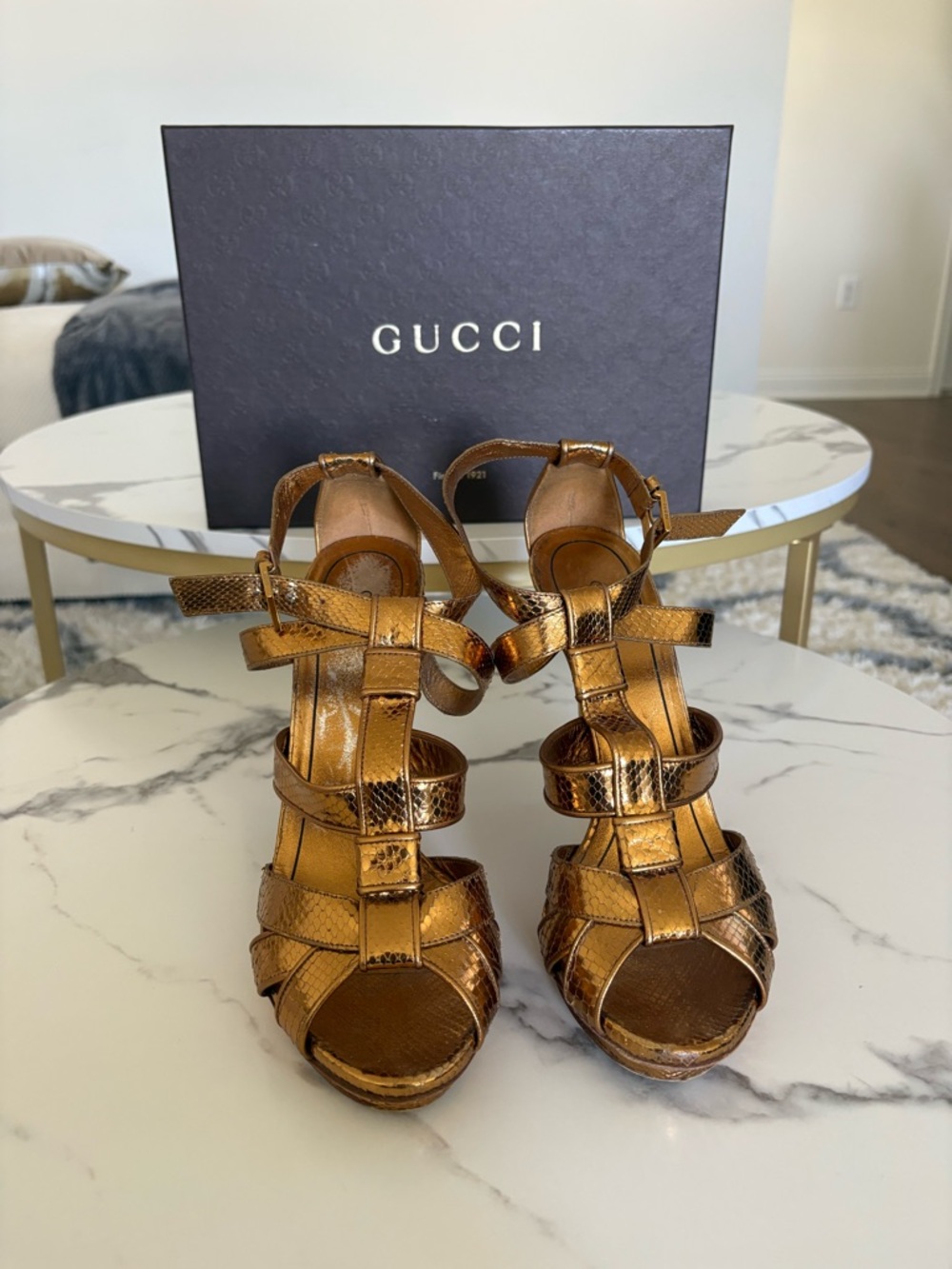 Gucci Gold Woven Snake-Embossed High Heels WITH BOX - Picture 12 of 12